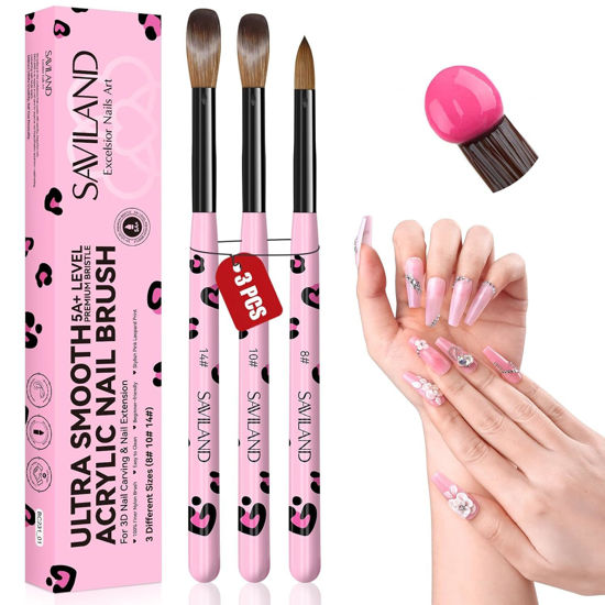Picture of SAVILAND Acrylic Nail Brush Set: 3 Pcs Acrylic Brushes for Nails, Size 8/10/14 Professional Nail Art Brushes for Acrylic Powder Application, Acrylic Nail Kit Set for Nails Extension 3D Nail Caving DIY