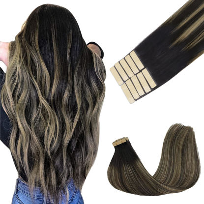 Picture of GOO GOO Tape in Hair Extensions Human Hair, 1B/16/1B Natural Black to Light Blonde,24inch 30g 10pcs, Thick Ends Straight Seamless Tape in, Invisible Tape in Hair Extensions Human Hair