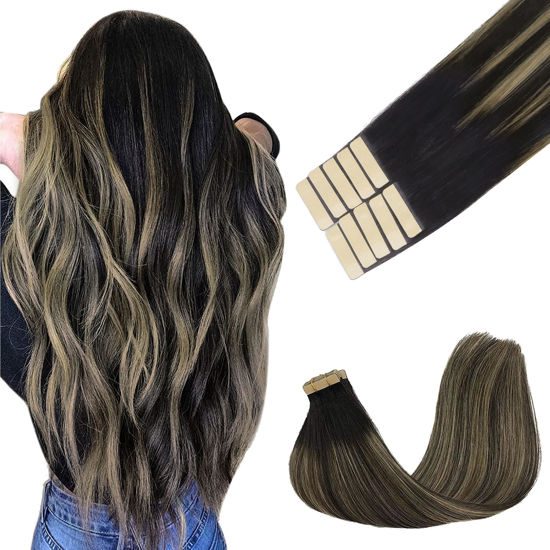 Picture of GOO GOO Tape in Hair Extensions Human Hair, 1B/16/1B Natural Black to Light Blonde,24inch 30g 10pcs, Thick Ends Straight Seamless Tape in, Invisible Tape in Hair Extensions Human Hair