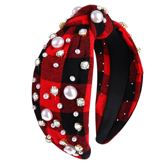 Picture of NVENF Christmas Headband for Women Jeweled Xmas Plaid Headband Embellished Crystal Pearl Knotted Headbands Wide Top Knot Holiday Headband Christmas Hair Accessories Holiday Outfits Gifts (Red)