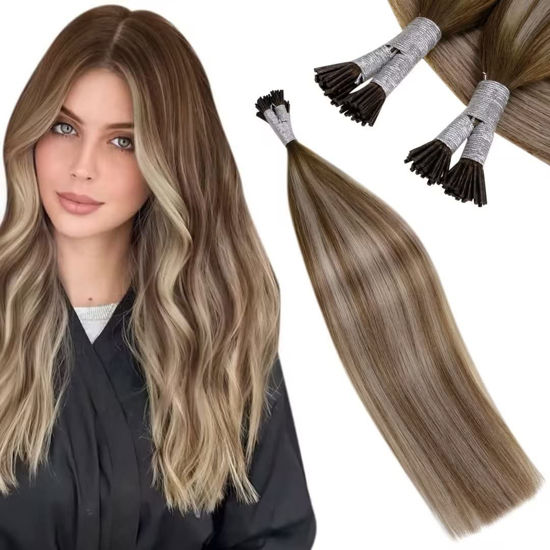 Picture of 24 Inch LAAVOO Blayage Ombre Hair Extensions ITip Real Human Hair Light Brown Mix Platinum Blodne Tip Long Hair Extensions Human Hair for Women 50g/50s