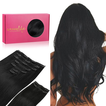 Picture of WENNALIFE Clip in Hair Extensions, 150g 14 Inch 9pcs Jet Black Human Hair Extensions Thicker Clip in Hair Extensions Real Human Hair Clip Set Double Weft