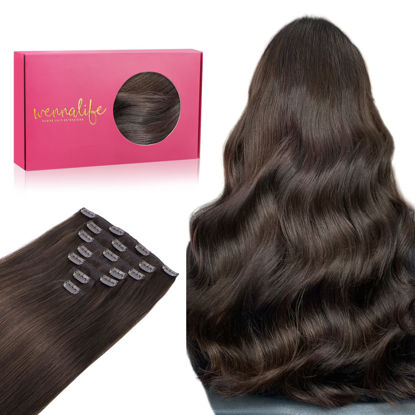 Picture of WENNALIFE Clip in Hair Extensions, 20 Inch 120g 7pcs Light Dark Brown Hair Extensions Clip in Human Hair Remy Clip in Hair Extensions Real Human Hair Double Weft