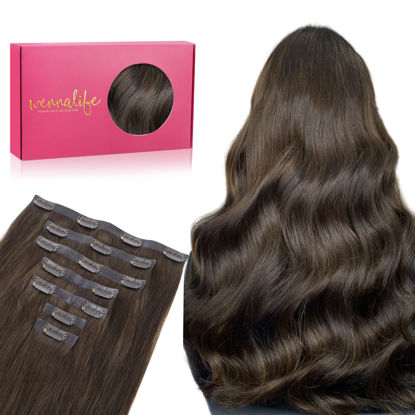Picture of WENNALIFE Seamless Clip In Hair Extensions, 16 Inch 130g 7pcs Light Dark Brown Hair Extensions Clip in Human Hair Invisible PU Skin Weft Natural Remy Human Hair Extensions