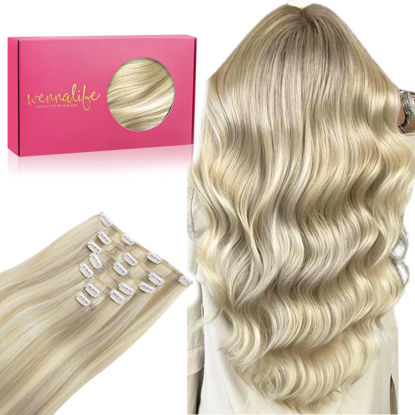 Picture of WENNALIFE Clip in Hair Extensions, 16 Inch 120g 7pcs Ash Blonde Highlighted Platinum Blonde Hair Extensions Clip in Human Hair Remy Clip in Hair Extensions Real Human Hair Double Weft