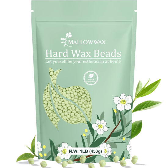 Picture of Mallowwax Hard Wax Beads - Wax for Sensitive Skin Hair Removal - Tea Tree Wax Beads for Face, Underarms, Bikini, Legs
