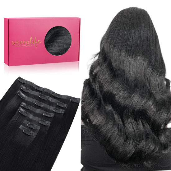 Picture of WENNALIFE Seamless Clip In Hair Extensions, 22 Inch 150g 7pcs Jet Black, Human Hair Invisible PU Skin Weft Natural Remy