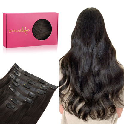 Picture of WENNALIFE Seamless Clip In Hair Extensions, 18 Inch 130g 7pcs Dark Brown Hair Extensions Clip in Human Hair Invisible PU Skin Weft Natural Remy Human Hair Extensions