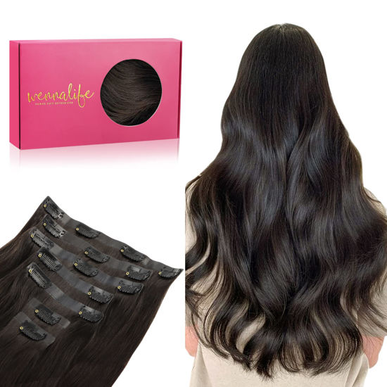 Picture of WENNALIFE Seamless Clip In Hair Extensions, 18 Inch 130g 7pcs Dark Brown Hair Extensions Clip in Human Hair Invisible PU Skin Weft Natural Remy Human Hair Extensions