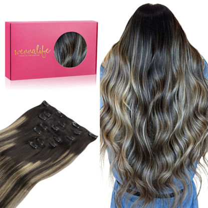Picture of WENNALIFE Clip in Human Hair Extensions, 20 Inch 120g 7pcs Balayage Natural Black to Light Blonde Hair Extensions Clip in Human Hair Remy Clip in Hair Extensions Real Human Hair Double Weft
