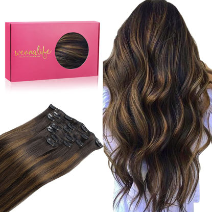 Picture of WENNALIFE Clip in Human Hair Extensions, 20 Inch 120g 7pcs Dark Brown to Chestnut Brown Balayage Hair Extensions Clip In Human Hair Remy Clip in Hair Extensions Real Human Hair Double Weft