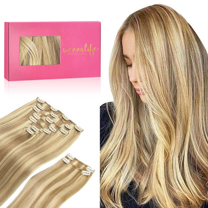 Picture of WENNALIFE Clip in Hair Extensions, 150g 22 Inch 9pcs Light Blonde Highlighted Golden Blonde Human Hair Extensions Thicker Clip in Hair Extensions Real Human Hair Clip Set Double Weft