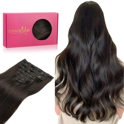 Picture of WENNALIFE Clip in Human Hair Extensions, 16 Inch 120g 7pcs Dark Brown Hair Extensions Clip In Human Hair Remy Clip in Hair Extensions Real Human Hair Double Weft