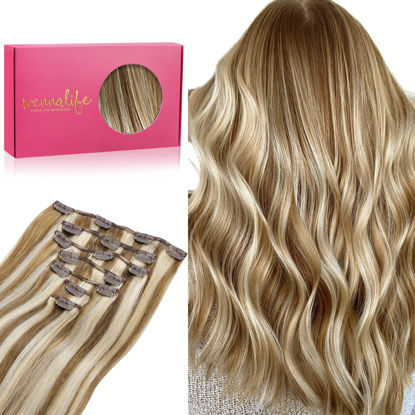 Picture of WENNALIFE Clip in Hair Extensions, 24 Inch 120g 7pcs Clip in Hair Extensions Real Human Hair, Ash Brown Highlighted Golden Blonde Human Hair Clip in Extensions Remy Human Hair Extensions Clip Ins