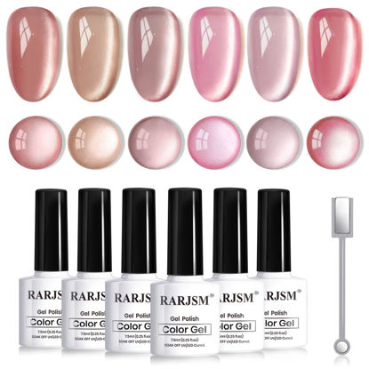Picture of RARJSM Nude Glitter Cat Eye Gel Nail Polish Set 6Pcs Ceramics Pink Light Purple Brown Velvet Shimmer Smoothie Cateye Gel Polish with Magnetic Stick UV LED Curing Require Home Salon Nail Design