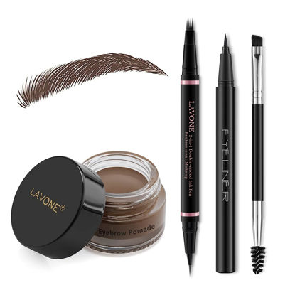 Picture of Eyebrow Pencil Makeup Kit, with Waterproof 2-IN-1 Microblading Eyebrow Pen, Eyebrow Pomade, Eyeliner and Dual-ended Eyebrow Brush, Brow Pencil Kit for Natural Eyebrows - Dark Brown