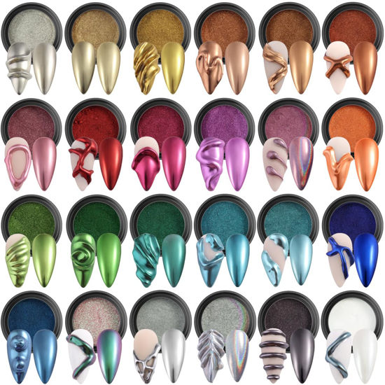 Picture of Fcozpjk 24 Colors Chrome Nail Powder Set Metallic Mirror Effect Gold Silver Pink Chrome Nail Powder White Pearl Iridescent Multi Chrome Powder for Nails Chameleon Rubbing Pigment Manicure Supplies
