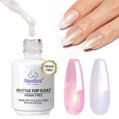 Picture of Beetles Hema Free Glitter Gel Top Coat for French Tip Press on Nails Pearl Shimmer Glitter Green 2-IN-1 No Wipe Top Coat, Long Lasting Soak Off Top Coat 15ml