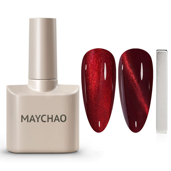 Picture of MAYCHAO 15ML Cat Eye Gel Nail Polish 1Pc Burgundy Gel Polish with Magnet Soak off Holographic Magnetic Nail Polish for Nail Art Manicure Salon DIY at Home, 0.5 OZ