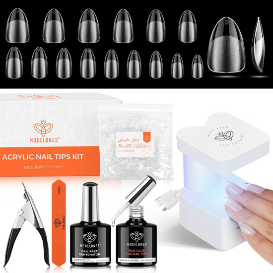 Picture of modelones Gel X Nail Kit, Upgrade 15Sizes Pre-shaped Gel x Nail Tips Short Almond Shape, Nail Glue Nail Prep Dehydrate & Portable Led Lamp, 510Pcs Press On Nail Extension Gift for Women