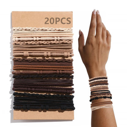 Picture of 20 PCS Boho Hair Ties, Bracelets Hair Ties for Thick or Thin Hair, 4 Styles Boho Ties for Ponytail Holders, 2.36’’ Hair Ties No-Damage, Valentine's Day Gifts, Brown