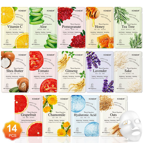 Picture of KONEUK 14 Pack Sheet Face Masks Skincare for All Skin Types, Hydrating Face Masks Suitable for Sensitive Skin, Bulk Facial Mask Set for Women Skin Care, Face Mask Gifts Set for Face Spa