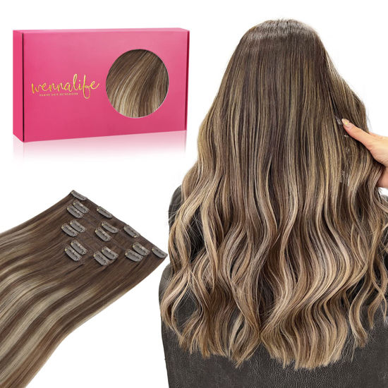Picture of WENNALIFE Clip in Hair Extensions, 24 Inch 120g 7pcs Clip in Hair Extensions Real Human Hair, Balayage Chocolate Brown to Honey Blonde Human Hair Clip in Extensions Remy Human Hair Extensions Clip Ins