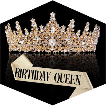 Picture of Gold Crown for Women Birthday Queen Sash & Rhinestone Tiara Set Birthday Decoration Rhinestone Headband Glitter Crystal Hair Accessories for Party(Gold2&Sash)