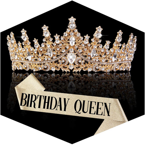 Picture of Gold Crown for Women Birthday Queen Sash & Rhinestone Tiara Set Birthday Decoration Rhinestone Headband Glitter Crystal Hair Accessories for Party(Gold2&Sash)