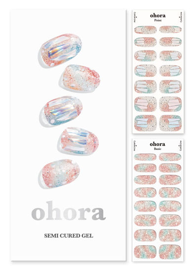 Picture of ohora Semi Cured Gel Nail Strips (N Newtro no.1) - White, Metallic, Works with UV/LED Lamps, Salon-Quality, Long Lasting, Easy to Apply & Remove - Includes 2 Prep Pads, Nail File & Wooden Stick
