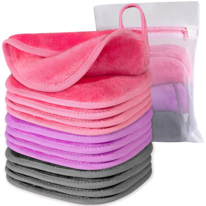 Picture of Makeup Remover Cloth, 6" x 6" Make Up Towels Reusable Face Cloth for Washing Face, 12 Pack Makeup Remover Pads Microfiber Face Washcloth with Mesh Bag, Just Water, Grey/Purple/Pink