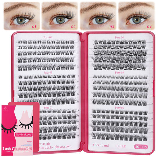 Picture of Lash Clusters Wispy 360pcs - Invisible Band Lash Clusters,Clear Band Lash Clusters For Natural Look, Fluffy Eyelash Clusters Wispy Eyelash Extensions Individual Lashes 0.07D-8-16MM DIY at Home