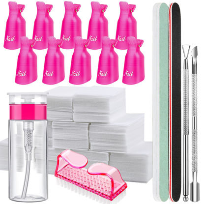 Picture of FANDAME Gel Nail Polish Remover Tools Kit, 10 PCS Nail Polish Remover Clips Rose Red, 100ml Nail Polish Remover Bottle, 500PCS Cotton Pad, Nail Brush, Cuticle Pusher, Nail File, Buffer Block Tools kit