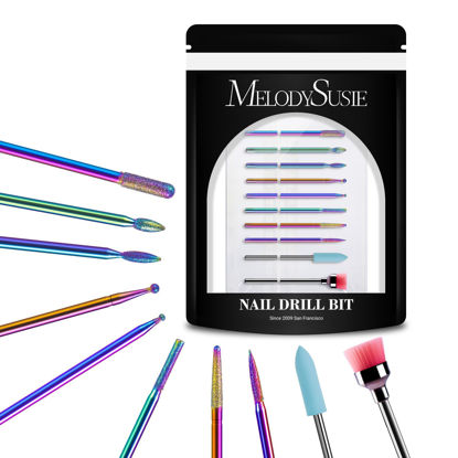 Picture of MelodySusie 10pcs Nail Drill Bits Set, 3/32 Inch Diamond Cuticle Nail Bits Kit for Nail Drill E-File, Manicure Pedicure Remover Tools for Acrylic Gel Nails, Salon Home Nail Care Supplies, Rainbow