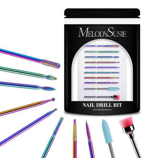 Picture of MelodySusie 10pcs Nail Drill Bits Set, 3/32 Inch Diamond Cuticle Nail Bits Kit for Nail Drill E-File, Manicure Pedicure Remover Tools for Acrylic Gel Nails, Salon Home Nail Care Supplies, Rainbow