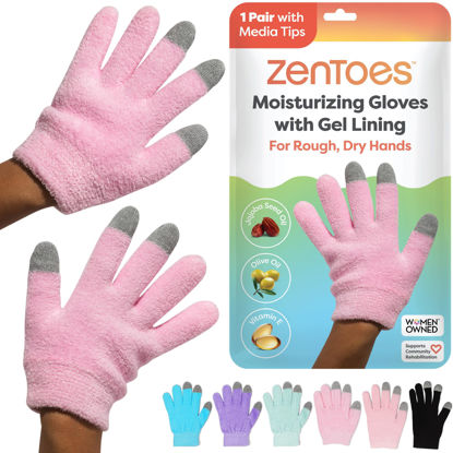 Picture of ZenToes Moisturizing Gloves for Dry Hands and Eczema, Gel Infused with Jojoba Seed Oil, Olive Oil and Vitamin E, Overnight Hand Moisturizer (OSFM, Fuzzy Pink with Media Tips)