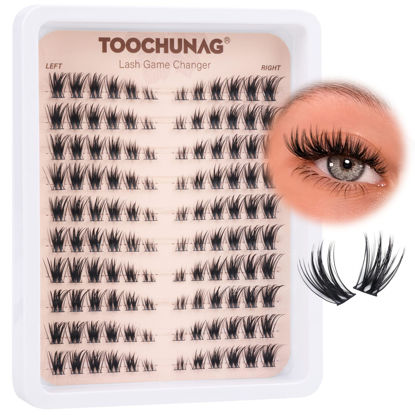 Picture of TOOCHUNAG Natural Lash Clusters Left&Right Cluster Eyelash Extensions 3D Wispy Individual Eyelashes 7-15mm Thin Band Cat Eye Lashes Clusters CD Curl Lash Extension