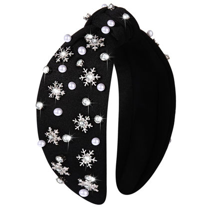 Picture of Christmas Headband for Women Rhinestone Snowflake Headband Embellished Crystal Pearl Knotted Headbands Wide Top Knot Xmas Holiday Headband Christmas Hair Accessories Outfits Gifts (Snowflake Black)