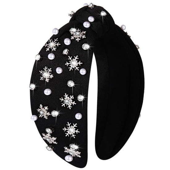Picture of Christmas Headband for Women Rhinestone Snowflake Headband Embellished Crystal Pearl Knotted Headbands Wide Top Knot Xmas Holiday Headband Christmas Hair Accessories Outfits Gifts (Snowflake Black)