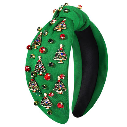 Picture of Jeweled Plaid Embellished Headband with Crystals, Pearls and Wide Top Knot - Christmas Hair Accessories for Women (Christmas Tree 2)