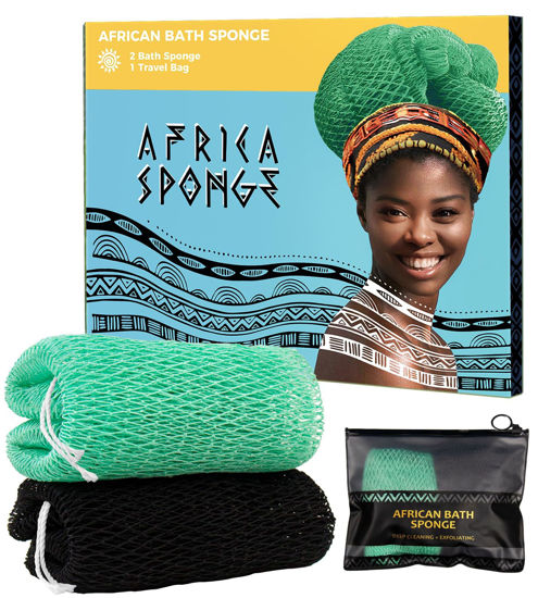 Picture of African Net Sponge Authentic - 2 Pieces Real African Loofah Shower Sponges - Body Scrubber Exfoliating Washcloth Black & Seawave - Africa Bath Sponges for Back Scrubber Shower Accessories