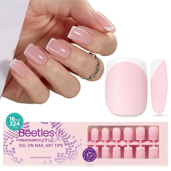 Picture of Beetles French Gel Nail Tips, 224Pcs French Tip Press on Nails Pink Short Square Shape Nail Tips, No Need to File Fake Nails for Nail Art DIY Valentines Day Gifts for Women