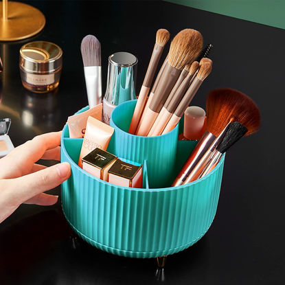 Picture of Diesisa 360 Rotating Makeup Brush Organizer With 5 Sections, Spining Countertop Swivel Makeup Brush Holder for Cosmetics, Nail Polish, Art Supply, Bathroom Vanity Desktop Organizer - Blue