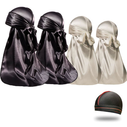 Picture of 4PCS Silky Durags for Men Women 360 Waves with 1 Wave Cap, Silky Satin Durag Extra Long Tails