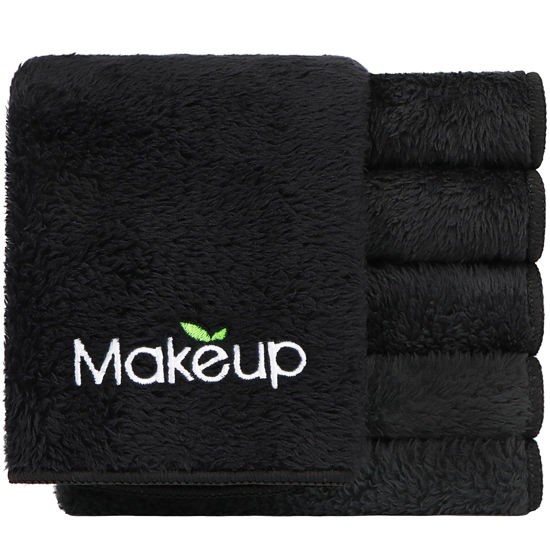 Picture of Orighty 6 Pack Premium Makeup Remover Wash Cloths - Super Soft, Quick Dry Microfiber Coral Fleece Face Makeup Towels for Cleansing, 13 x 13 Inch, Black
