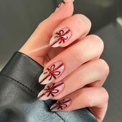 Picture of Christmas Press on Nails Medium Almond Fake Nails with Design Red Gifts Glue on Nails Nude White French Tips Stick on Nails Winter Xmas False Nails for Women Girls Holiday Manicure 24pcs