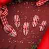 Picture of Christmas Press on Nails Medium Almond Fake Nails with Design Red Gifts Glue on Nails Nude White French Tips Stick on Nails Winter Xmas False Nails for Women Girls Holiday Manicure 24pcs
