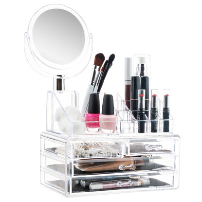Picture of Masisrs Clear Makeup Organizer With Mirror - Cosmetic Storage Organizer - 16 Compartments - Easily Sort Make Up & Jewelry - 4 Drawer Vanity Organizer - Elegant Look - Clear Design - Makeup Holder