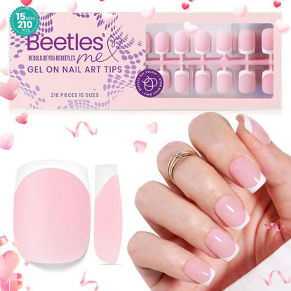 Picture of Beetles French Tip Press On Nails, 210 Pcs Pink Extra Short Press On Nails, 4-in-1 Square French Nail Tips, Pre-Applied Primer, No Need to File Fake Nails Extensions Valentine's Day Gift for Women