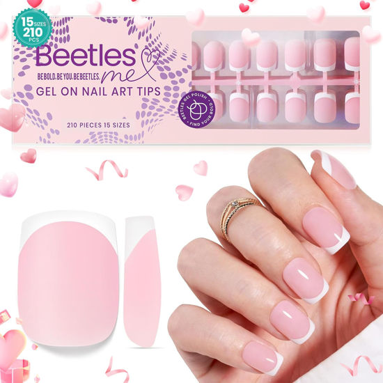 Picture of Beetles French Tip Press On Nails, 210 Pcs Pink Extra Short Press On Nails, 4-in-1 Square French Nail Tips, Pre-Applied Primer, No Need to File Fake Nails Extensions Valentine's Day Gift for Women